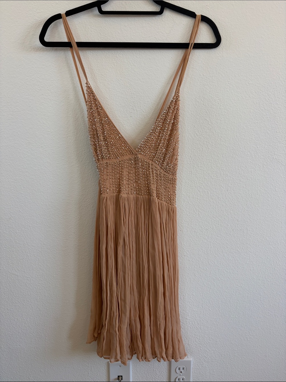 Free People Nude Beaded V‑Neck Mini Dress